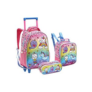 Kit Mochila Rodinha Galáxia Gatinho Unicórnio Escolar 3 itens