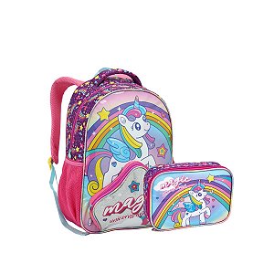 Kit Mochila Costas E Estojo Unicornio Magic Meninas Escolar