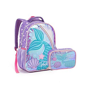 Kit Mochila Costas E Estojo Cauda Sereia Holográfica Meninas