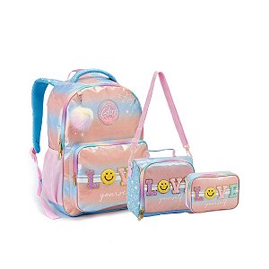 Kit Mochila Costas E Lancheira Estojo Juvenil Love Meninas