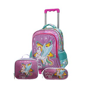 Kit Mochila Rodinha Lancheira Estojo Escolar Unicornio