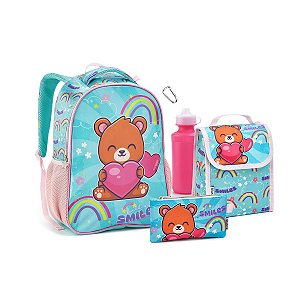 Kit Mochila Costas 4 Itens Urso Coala Panda Escolar Infantil Mosquetão