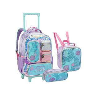 Kit Mochila Rodinha Escolar Splash Sereia Meninas 3 Peças