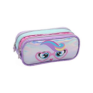 Estojo Duplo Escolar Infantil Gatinho Estrela Holográfico