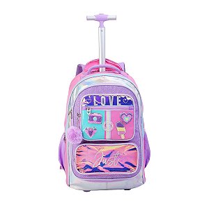 Mochila Rodinha Escolar Teen Patches Moderna Com Pompom