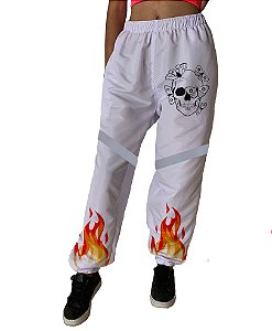 Calça de Tactel Tecido Leve | Caveira Borboletas Fogo Com Faixa Refletiva