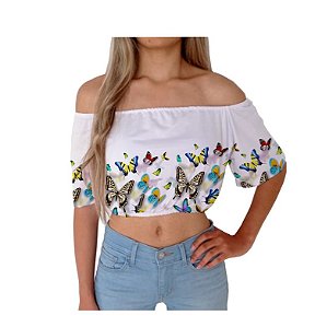 Cropped Ciganinha | Branco com Borboletas