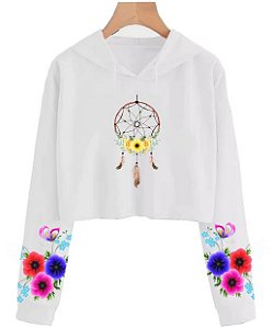 Cropped de moletom branco estampado nas mangas | Filtro dos sonhos