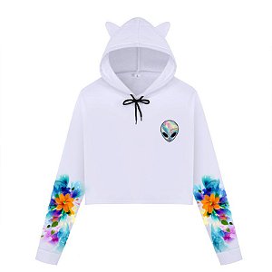 Cropped de moletom branco estampado nas mangas | Alien