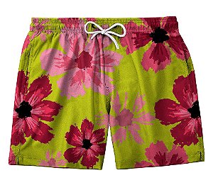 Short Masculino de Tactel | Flores Vermelhas com Fundo Amarelo