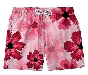 Short Masculino de Tactel | Flores Vermelhas Fundo Rosa