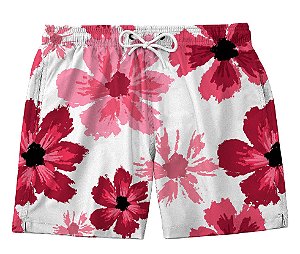 Short Masculino de Tactel | Flores Vermelhas Fundo Branco