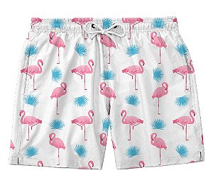 Short Masculino de Tactel | Flamingos e Folhas Azul