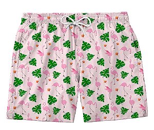 Short Masculino de Tactel | Flamingos e Folhas
