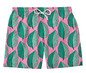 Short Masculino de Tactel | Folhas no Fundo Rosa