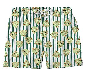 Short Masculino de Tactel | Folhas Listras Verdes