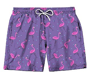 Short Masculino de Tactel | Flamingos Fundo Roxo