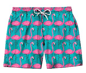 Short Masculino de Tactel | Flamingos no Fundo Azul