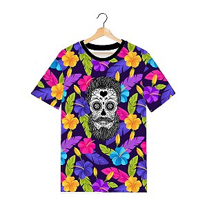Camiseta Masculina Tecido Elastano Superior Swag On | Flores Caveira Barbuda
