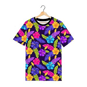 Camiseta Masculina Tecido Elastano Superior Swag On | Flores Coloridas