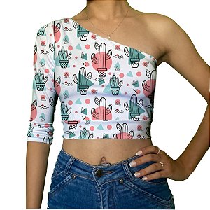 Cropped Uma Manga | Cactos Manchas Rosa