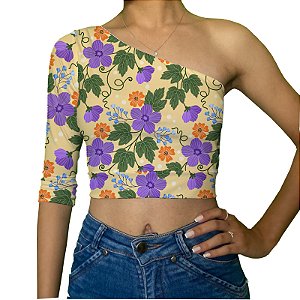 Cropped Uma Manga | Flores Roxas e Laranjas