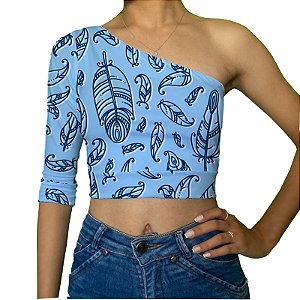 Cropped Uma Manga | Penas Fundo Azul