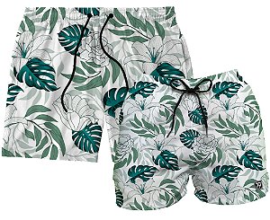 Kit Shorts Masculino e Feminino de Tactel | Flores e Folhas
