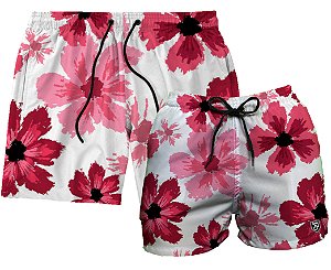 Kit Shorts Masculino e Feminino de Tactel | Flores Vermelhas