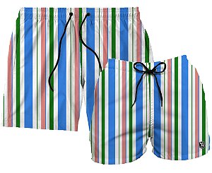 Kit Shorts Masculino e Feminino de Tactel | Listras Azul e Rosa