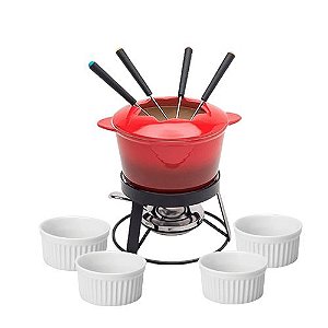 Aparelho P/ Fondue Cerâmica Vermelho com Molheiras 15 Peças