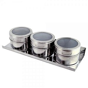 Porta Temperos Condimento 3 Potes Aço Inox Magnético Imã