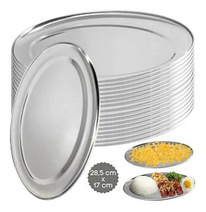 10 Travessas Oval Aço Inox Rasa 30 Cm Fina Bandeja Porções