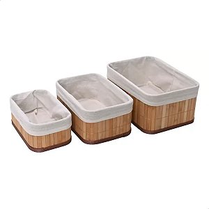 Jogo De 3 Cestos Organizadores Em Bambu Com Tecido Sem Tampa
