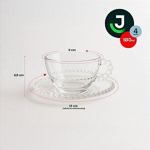 Cj 4 Xicaras Cha Cristal De Chumbo C/ pires Linha Pearl 180ml