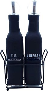 Galheteiro Preto Fosco Manhattan Óleo Vinagre Azeite 300ml 3 Peças