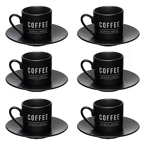 Jogo de Xícaras Porcelana 80ml para Café com Pires Manhattan Hauskraft Preta 6 Peças