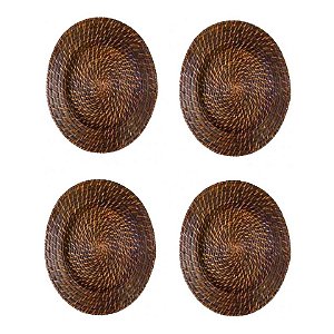 4 Sousplat Redondo Rattan E Bambu Marrom Rustico 32cm