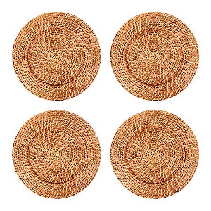 4 Sousplat Redondo Rattan Bambu Bege 32x32cm
