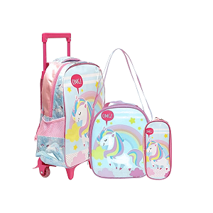 Kit Mochila de Rodinhas Com Estojo e Lancheira Térmica Unicornio