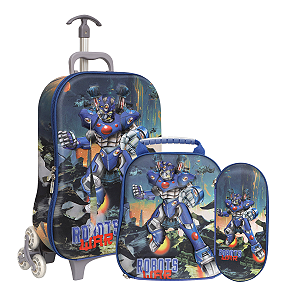 Kit Mochila de 3 Rodinhas Com Estojo e Lancheira Térmica Robots War