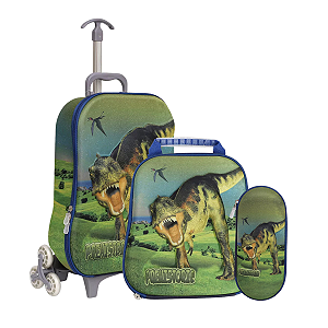 Kit Mochila de Rodinhas Com Estojo e Lancheira Térmica Dinossauro
