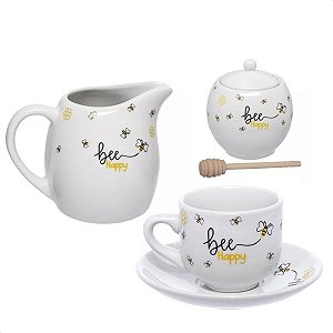 Kit Café da Manhã Leiteira Honey Porcelana Branca + 6 Xícaras Honey Hauskraft Porcelana Branca + Meleira Honey Hauskraft