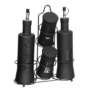Kit Galheteiro de Vidro com Suporte Inox, 5 Peças