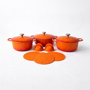 Jogo De Panelas 3 Peças Cerâmica Para Fogão Indução, Gás E Forno Brinde Descanso De Panela E Pegador - Jhamba Laranja