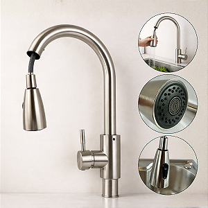 Torneira Gourmet Cozinha Inox Monocomando Com Chuveirinho Flexível | Bica Giratória 360° | Ducha Spray Retrátil | Mistur