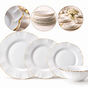 Hauskraft Aparelho de Jantar Opalino, Conjunto 16 Peças, Porcelana Branca com Borda Dourada, Pratos e Tigelas