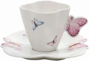 Cj 6 Xícaras De Café C/ Pires Borboletas Porcelan 100ml Branco Borboleta
