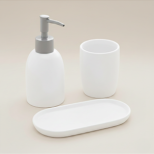 Kit Para Banheiro Cerâmica Londres Branco e Prateado 3 Peças