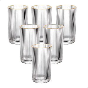 Jogo 6 Copos De Vidro Longo Borda Dourada 420ml Alto Frisado Incolor